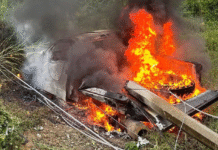 Camioneta termina calcinada en choque contra poste.